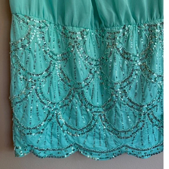 Arden B Turquoise Blue Sequin Scallop Mini Dress Sleeveless Drop Waist - Picture 2 of 5